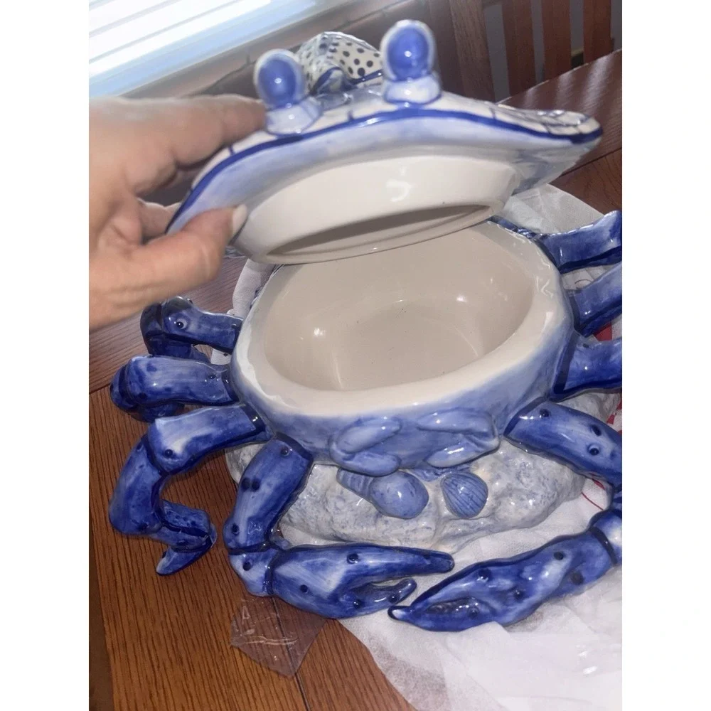 Diane Allen Stoneware Blue And White Ceramic Crab Rare 2002 Lidded Dish Seashore